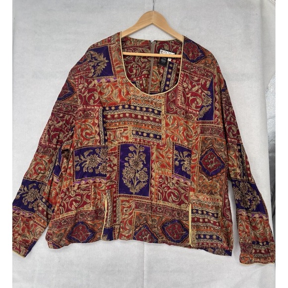 E Style Spiegel Tops - Vtg E Style Spiegel Jacquard Women's Sz 24 Top Gold Cord Trim Boxy Fit Zip Boho
